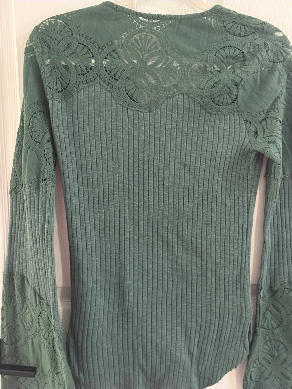 Free People M Forest Green Lace Ribbed Button Tunic Boho Cottagecore
